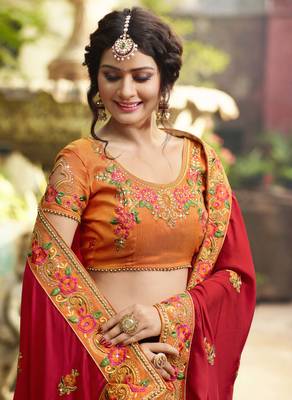 Crimson embroidered silk blend saree with blouse 2