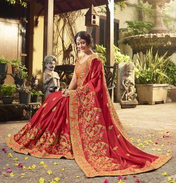 Crimson embroidered silk blend saree with blouse 3