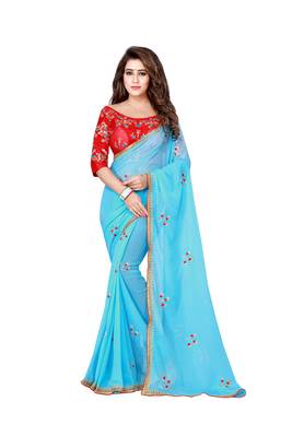 Sky blue embroidered pure chiffon saree with blouse 1