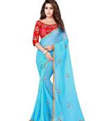 Sky blue embroidered pure chiffon saree with blouse