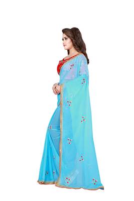 Sky blue embroidered pure chiffon saree with blouse 2