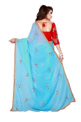Sky blue embroidered pure chiffon saree with blouse 3