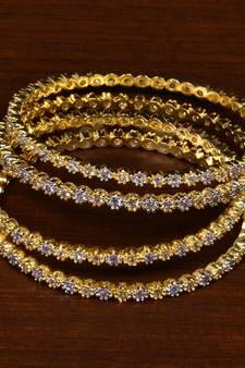 Gold Plated Cubic Zirconia Stone Embellished American Diamond Designer Bangles for Women