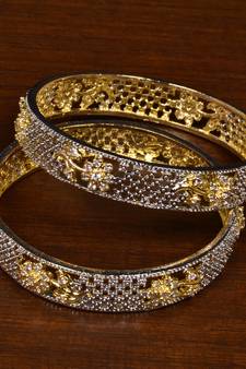 Gold Plated Cubic Zirconia Stone Embellished American Diamond Designer Bangles for Women