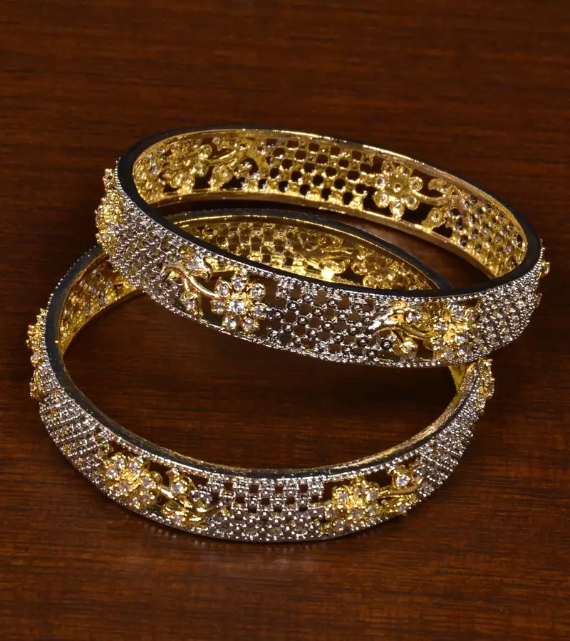 Gold Plated Cubic Zirconia Stone Embellished American Diamond Designer Bangles for Women
