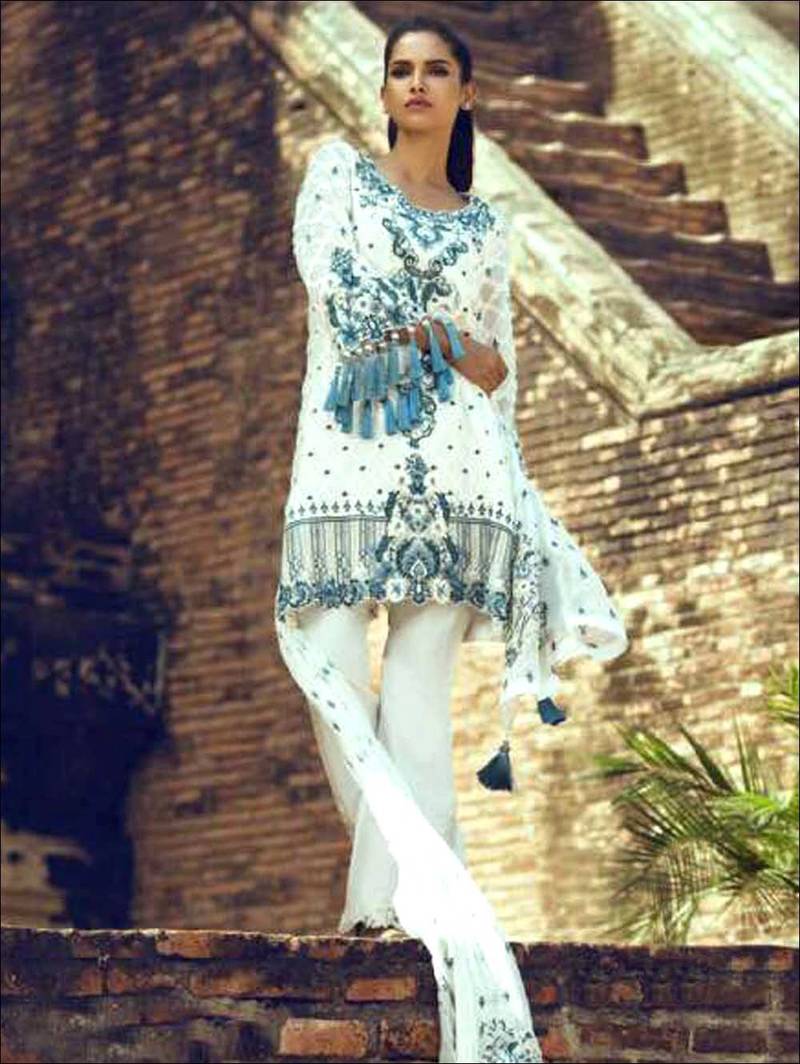 White and blue faux georgette unstitched style indian salwar kameez with  dupatta - Zoharin