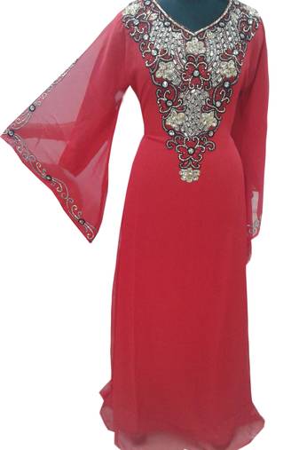 Red Zari Stone Work Georgette Islamic Style Gown Beads Embedded PartyWear farasha