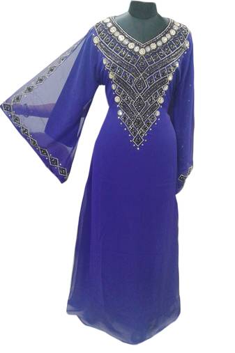 Blue Zari Stone Work Georgette Islamic Style Gown Beads Embedded PartyWear farasha