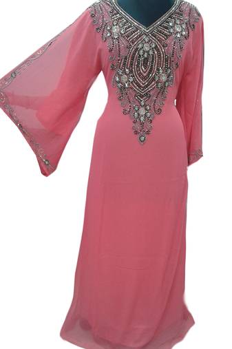 Pink Zari Stone Work Georgette Islamic Style Gown Beads Embedded PartyWear farasha