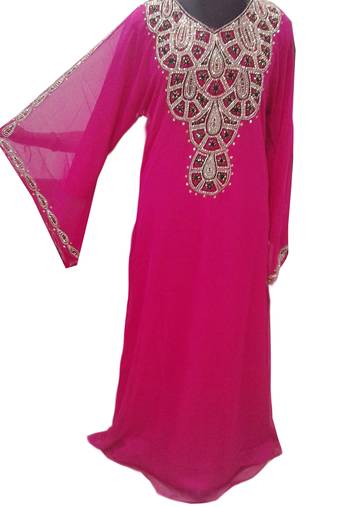 Pink Zari Stone Work Georgette Islamic Style Gown Beads Embedded PartyWear farasha