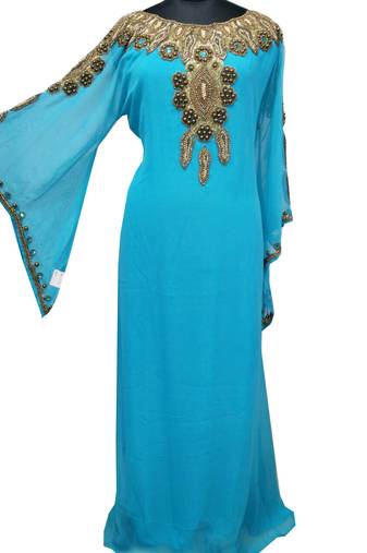Turqoise Zari Stone Work Georgette Islamic Style Gown Beads Embedded PartyWear farasha