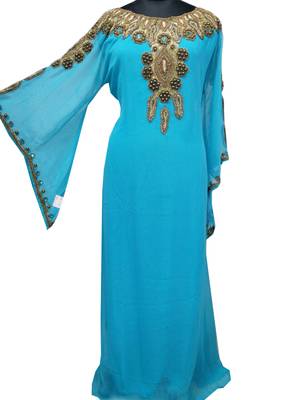 Turqoise Zari Stone Work Georgette Islamic Style Gown Beads Embedded PartyWear farasha 1