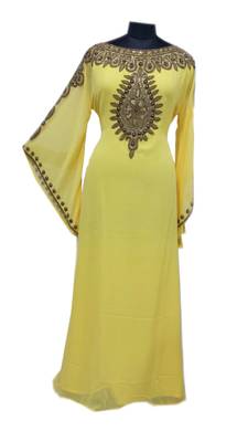Yellow Zari Stone Work Georgette Islamic Style Gown Beads Embedded PartyWear farasha 1
