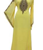 Yellow Zari Stone Work Georgette Islamic Style Gown Beads Embedded PartyWear farasha