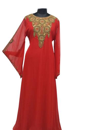 Red Zari Stone Work Georgette Islamic Style Gown Beads Embedded PartyWear farasha