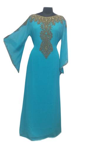 Blue Zari Stone Work Georgette Islamic Style Gown Beads Embedded PartyWear farasha