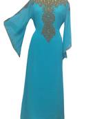 Blue Zari Stone Work Georgette Islamic Style Gown Beads Embedded PartyWear farasha