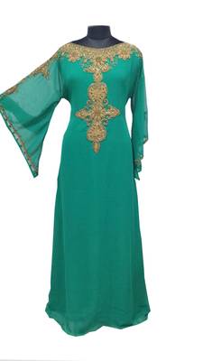 Teal Zari Stone Work Georgette Islamic Style Gown Beads Embedded PartyWear farasha 1