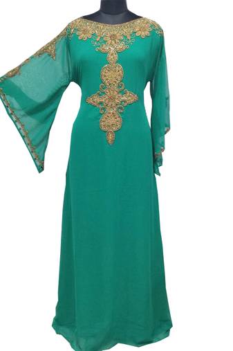 Teal Zari Stone Work Georgette Islamic Style Gown Beads Embedded PartyWear farasha