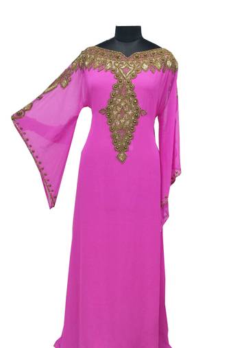 Pink Zari Stone Work Georgette Islamic Style Gown Beads Embedded PartyWear farasha