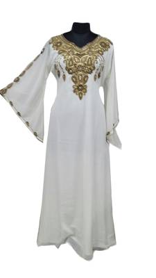 White Zari Stone Work Georgette Islamic Style Gown Beads Embedded PartyWear farasha 1