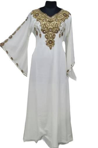 White Zari Stone Work Georgette Islamic Style Gown Beads Embedded PartyWear farasha
