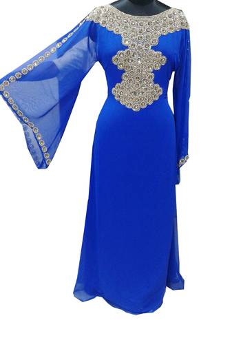 Blue Zari Stone Work Georgette Islamic Style Gown Beads Embedded PartyWear farasha