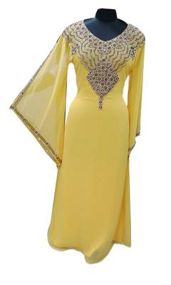 Yellow Zari Stone Work Georgette Islamic Style Gown Beads Embedded PartyWear farasha 1
