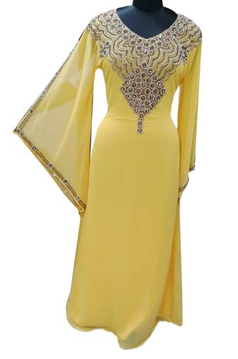 Yellow Zari Stone Work Georgette Islamic Style Gown Beads Embedded PartyWear farasha