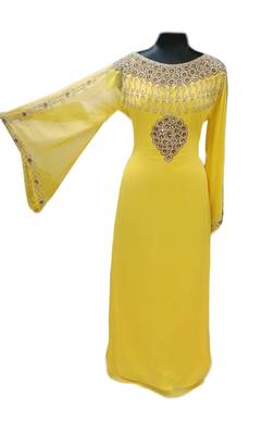 Yellow Zari Stone Work Georgette Islamic Style Gown Beads Embedded PartyWear farasha 1