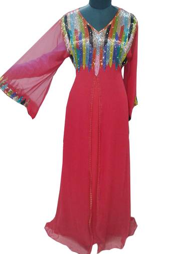 Red Zari Stone Work Georgette Islamic Style Gown Beads Embedded PartyWear farasha