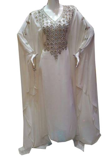 White Zari Stone Work Georgette Islamic Style Gown Beads Embedded PartyWear farasha
