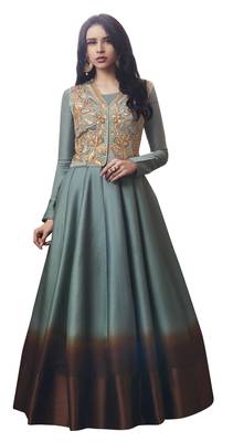 Grey coloured Dupion Silk semi stitched ethnic suits 1