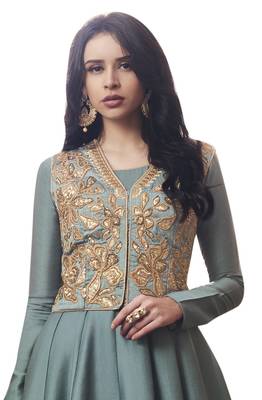 Grey coloured Dupion Silk semi stitched ethnic suits 2
