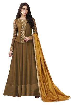 Brown coloured Dupion Silk semi stitched ethnic suits 1
