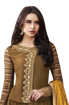 Brown coloured Dupion Silk semi stitched ethnic suits 2