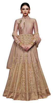 Beige coloured Dupion Silk semi stitched ethnic suits 1