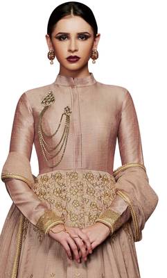 Beige coloured Dupion Silk semi stitched ethnic suits 2