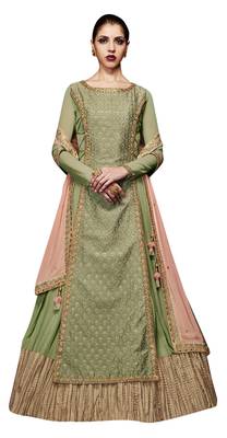 Green coloured Dupion Silk semi stitched ethnic suits 1