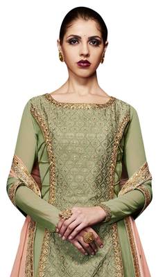 Green coloured Dupion Silk semi stitched ethnic suits 2