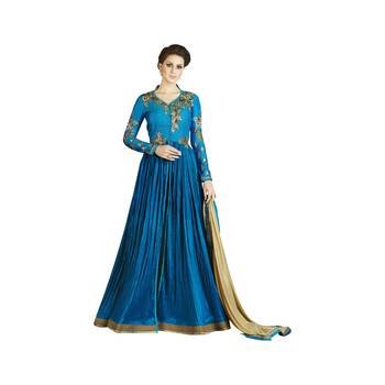 Blue coloured Dupion Silk semi stitched ethnic Anarkali suits 1