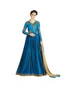Blue coloured Dupion Silk semi stitched ethnic Anarkali suits