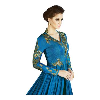 Blue coloured Dupion Silk semi stitched ethnic Anarkali suits 2