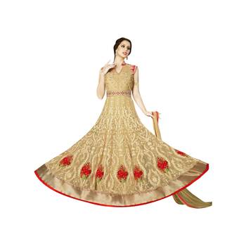 Beige coloured Net semi stitched ethnic suits 1