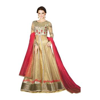 Beige coloured Net semi stitched ethnic suits 1