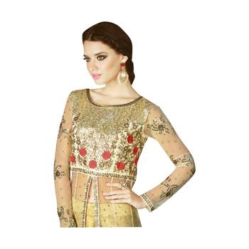 Beige coloured Net semi stitched ethnic suits 2