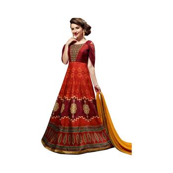 Maroon coloured Dupion Silk semi stitched ethnic suits 1