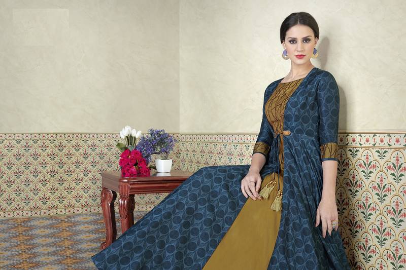 Blue coloured crepe semi stitched ethnic suits