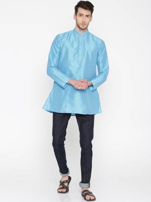 Sky Blue Poly Dupion Men Kurta 1