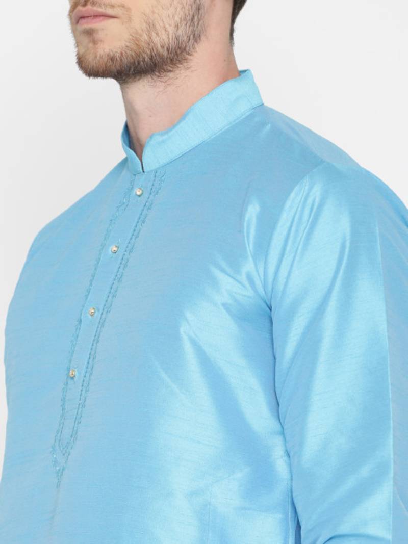 Sky Blue Poly Dupion Men Kurta